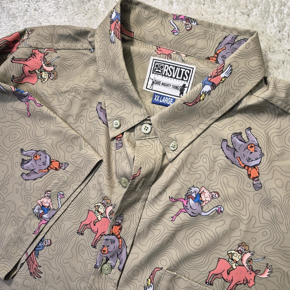 RSVLTS Shirt Mens 2XL Teddy Riding Things Green Button Up Performance Funny Dad